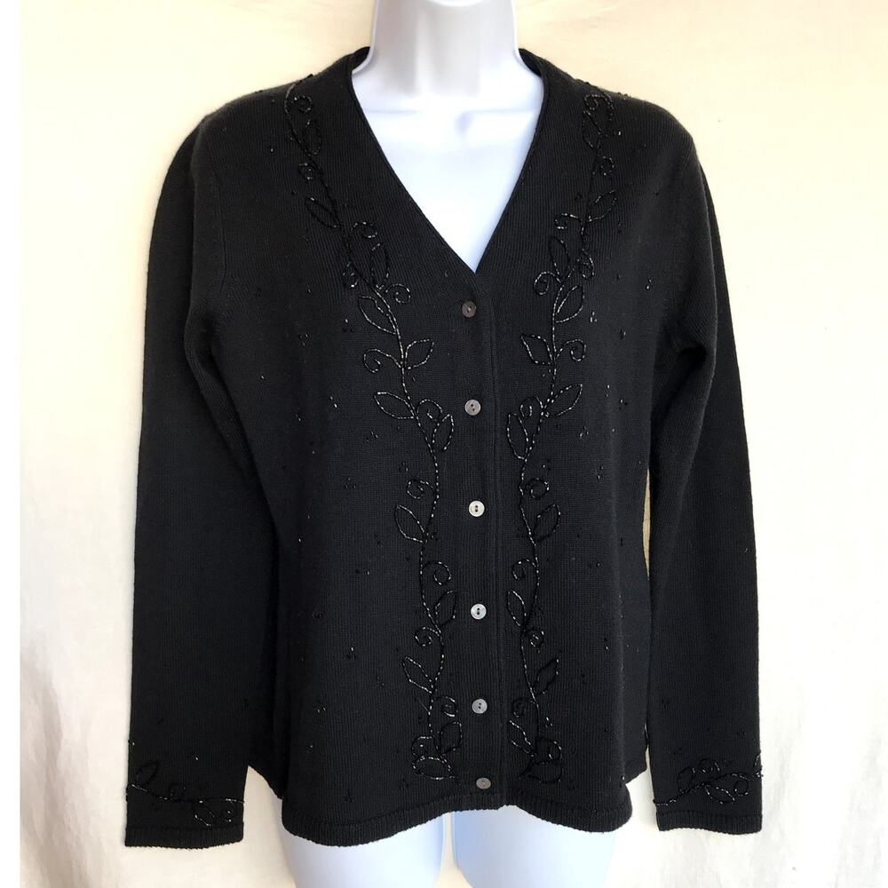 Ann Taylor Vintage Classic Black Marino Wool Beaded V-Neck Cardigan size M